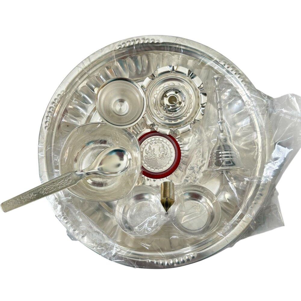 Pooja Thali Set 7.5 Inch 8pcs Plate, Diya, Bell, Incense Holder, Lakshmi-Ganesh
